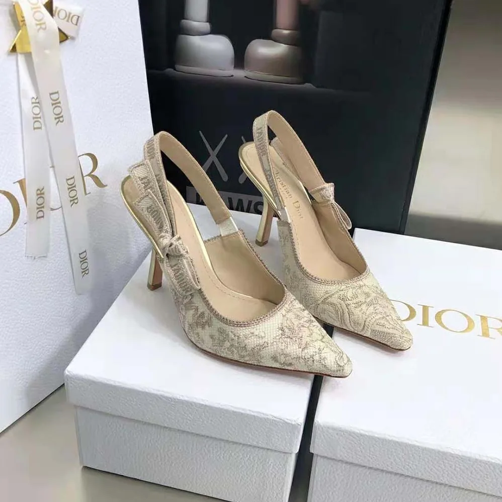 Dior J adior Slingback Pump White and Gold-Tone Toile de Jouy Embroidered Cotton for Women