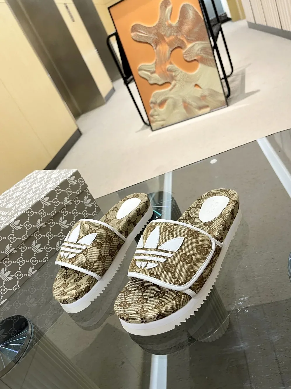 Gucci x Adidas GG Platform Sandal Beige for Women Gucci x Adidas GG Platform Sandal Beige for Women