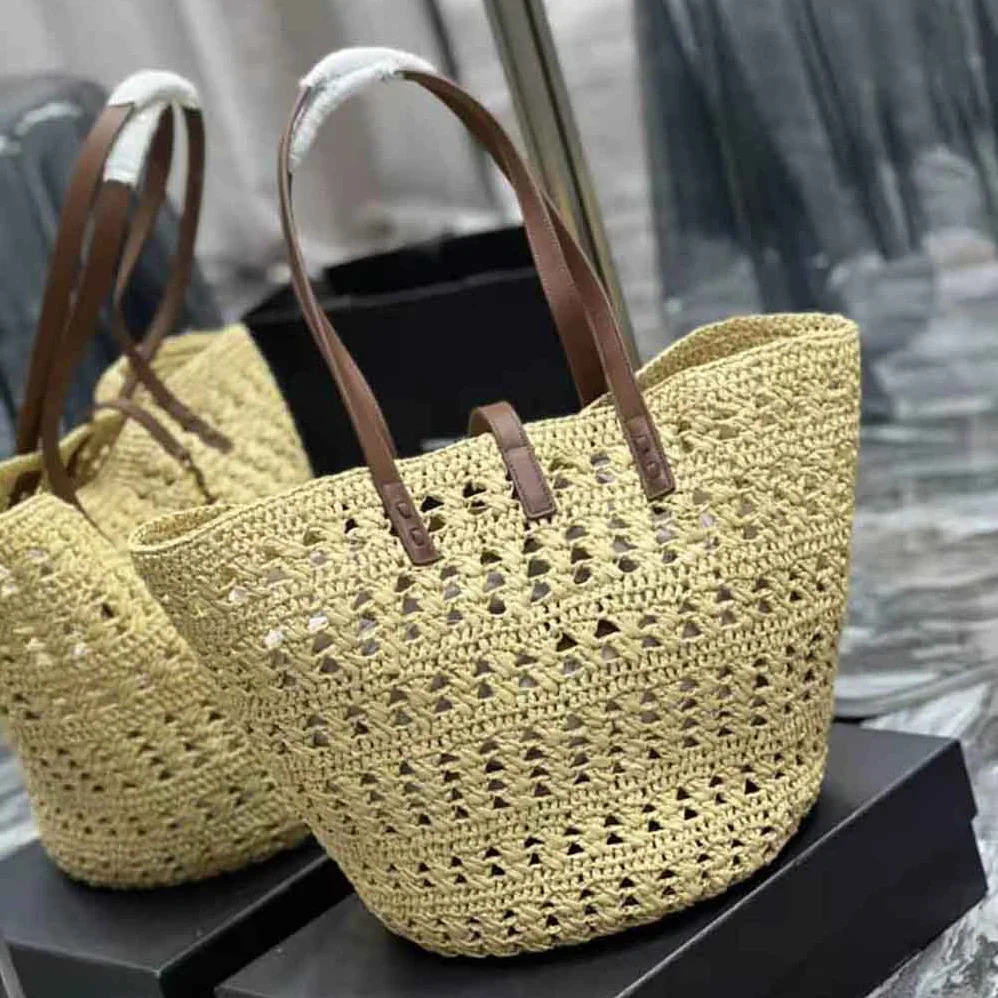 Saint Laurent YSL Panier Medium Bag in Crochet Raffia and Smooth Leather for Women