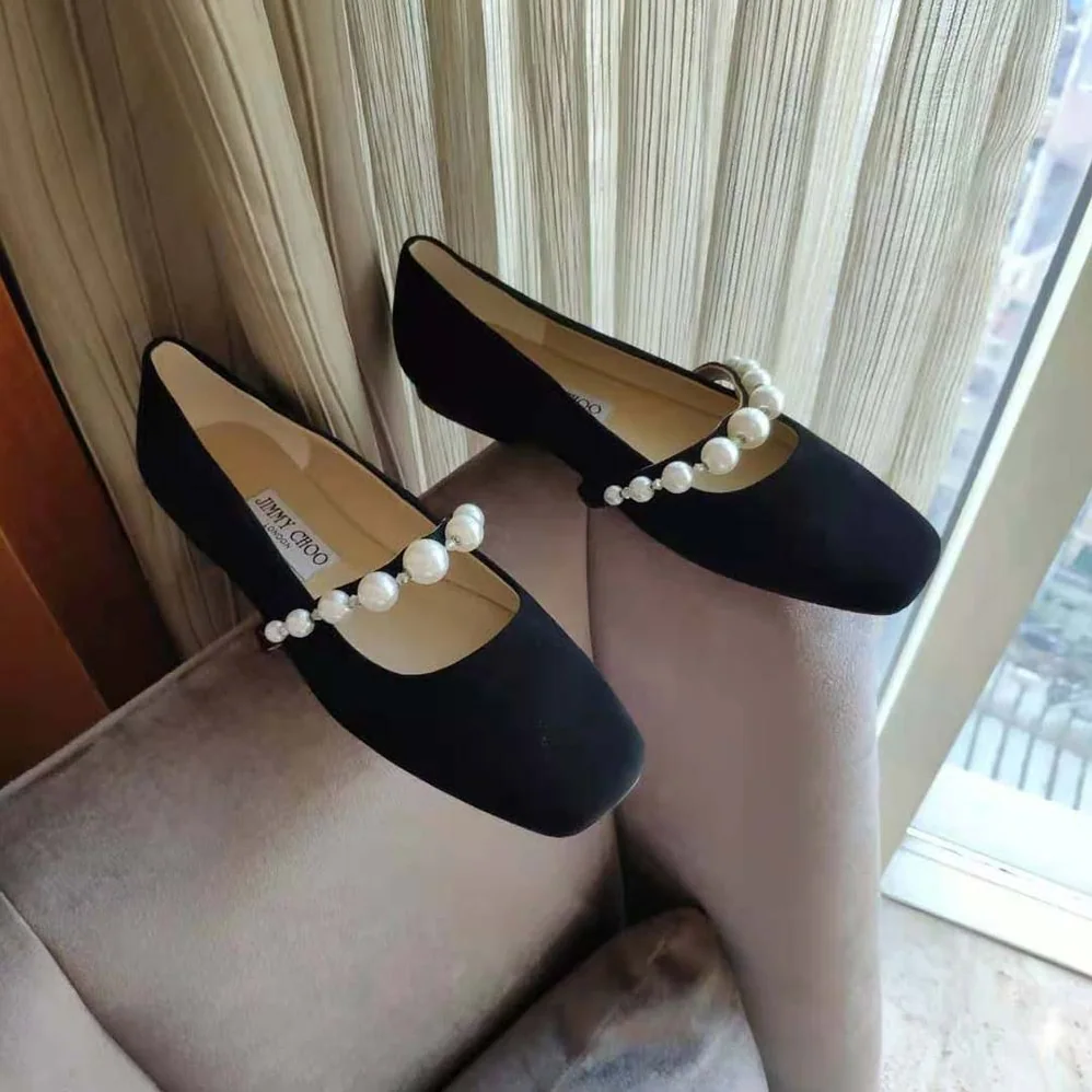 Jimmy Choo Ade Flat Ballet Black Suede Flats with Pearl Embellishment for Women