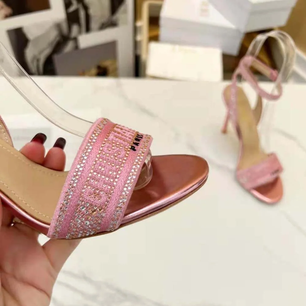 Dior Dway Heeled Slide Pink Cotton Embroidered with Metallic Thread and Strass for Women