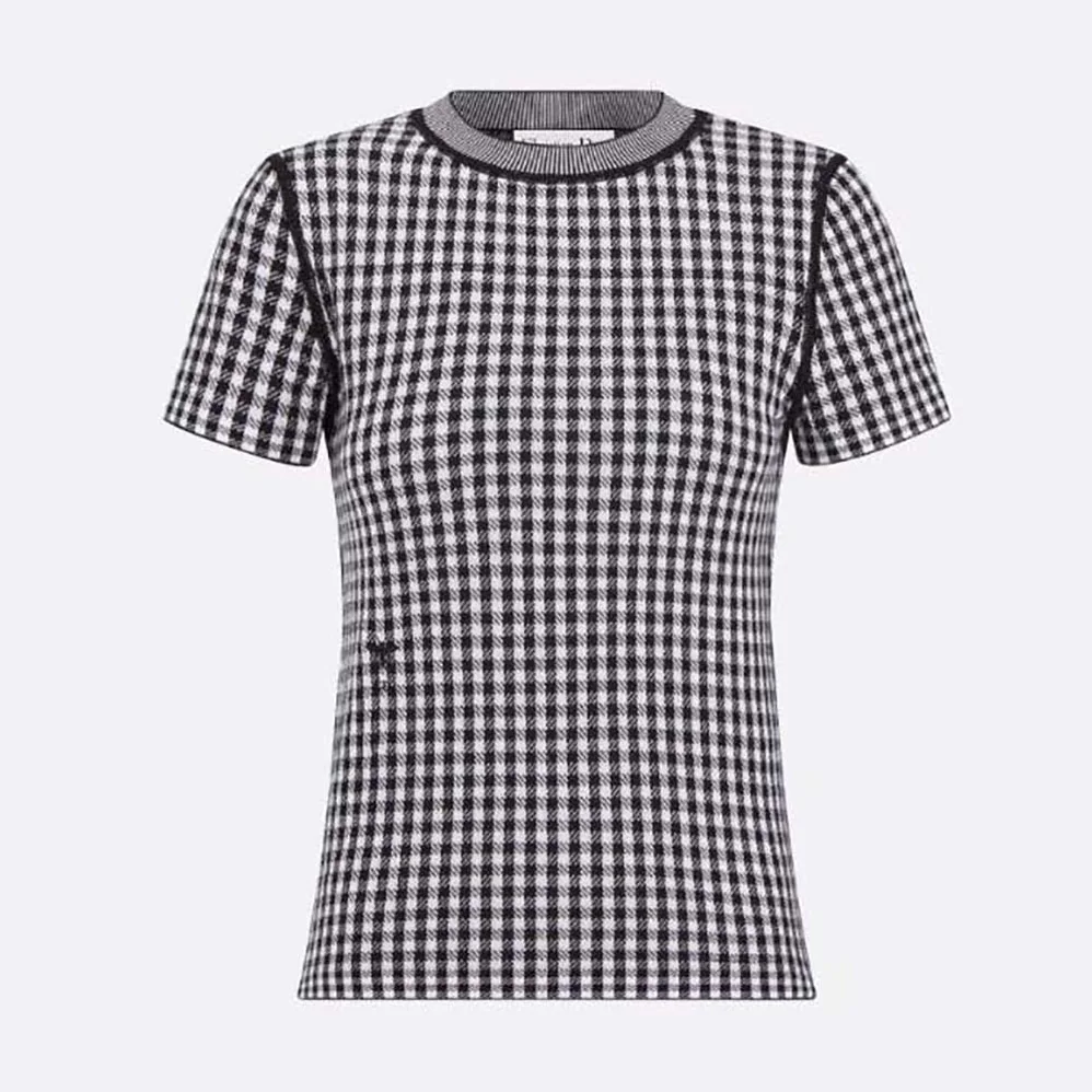 Dior Short-sleeved Sweater Gray and Black Check'n'Dior Cashmere and Silk Blend Knit for Women Dior Short-sleeved Sweater Gray and Black Check'n'Dior Cashmere and Silk Blend Knit for Women