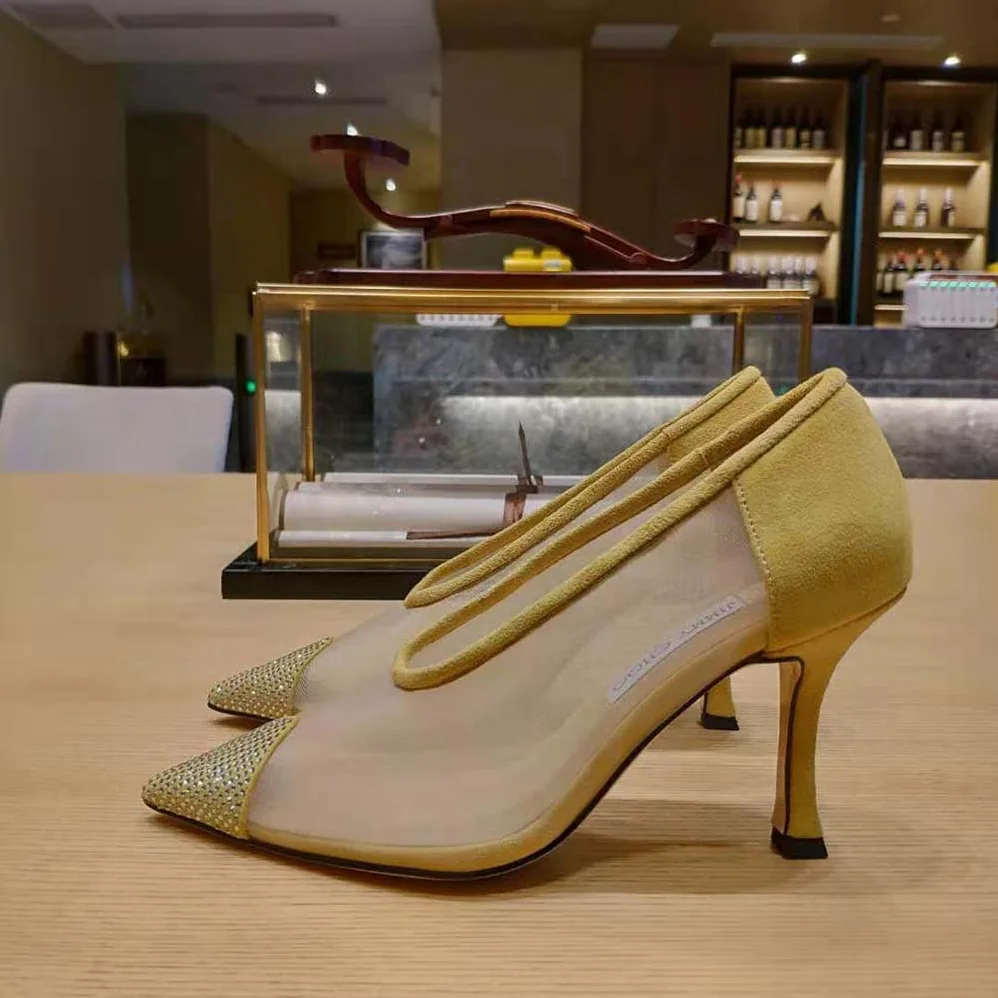 Jimmy Choo Nicole 90 Yellow Mesh and Suede Pumps with Crystal Embellishment for Women