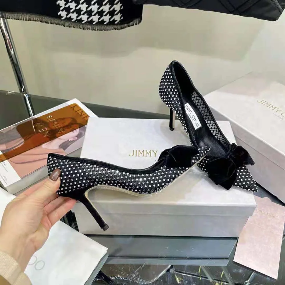 Jimmy Choo Love 100 Black Crystal Mesh Pumps with Bow for Women Jimmy Choo Love 100 Black Crystal Mesh Pumps with Bow for Women