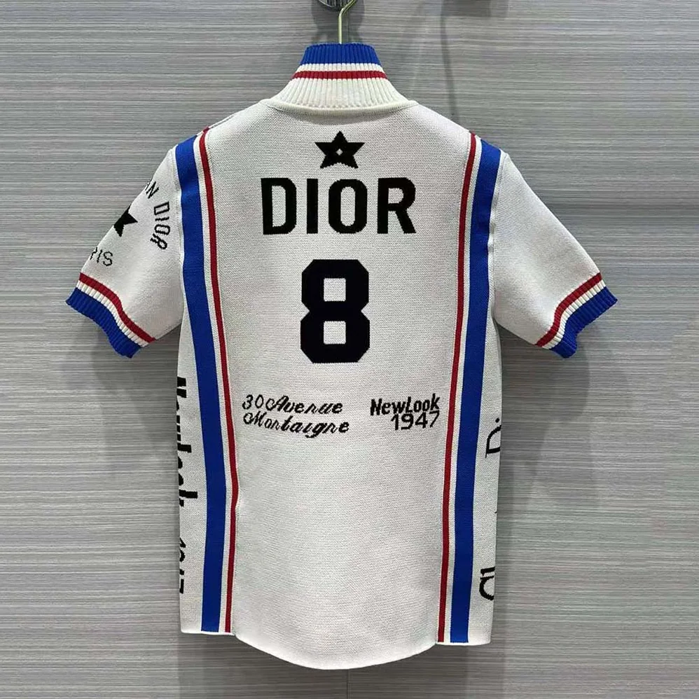 Dior Stand Collar Top White and Tricolor Stretch Viscose for Women