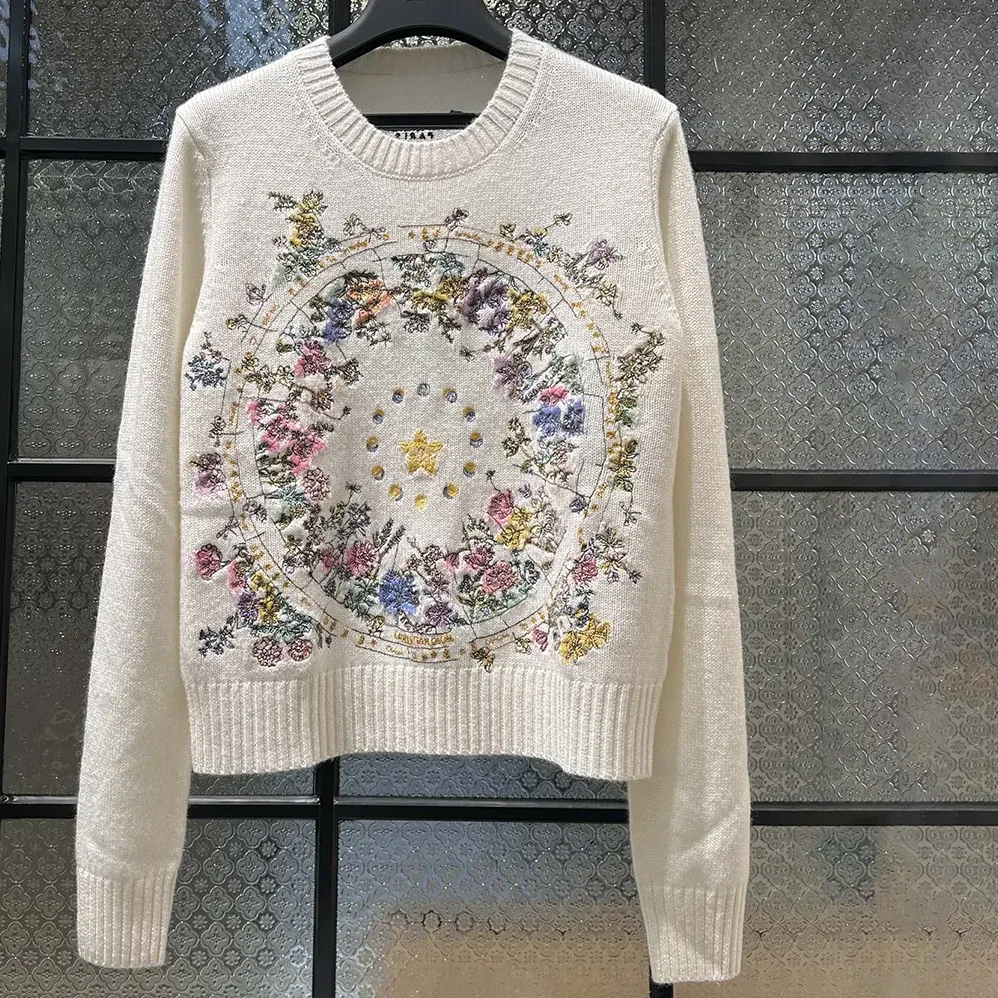 Dior Embroidered Sweater White Cashmere Knit with Multicolor Dior Astral Flowers Motif for Women