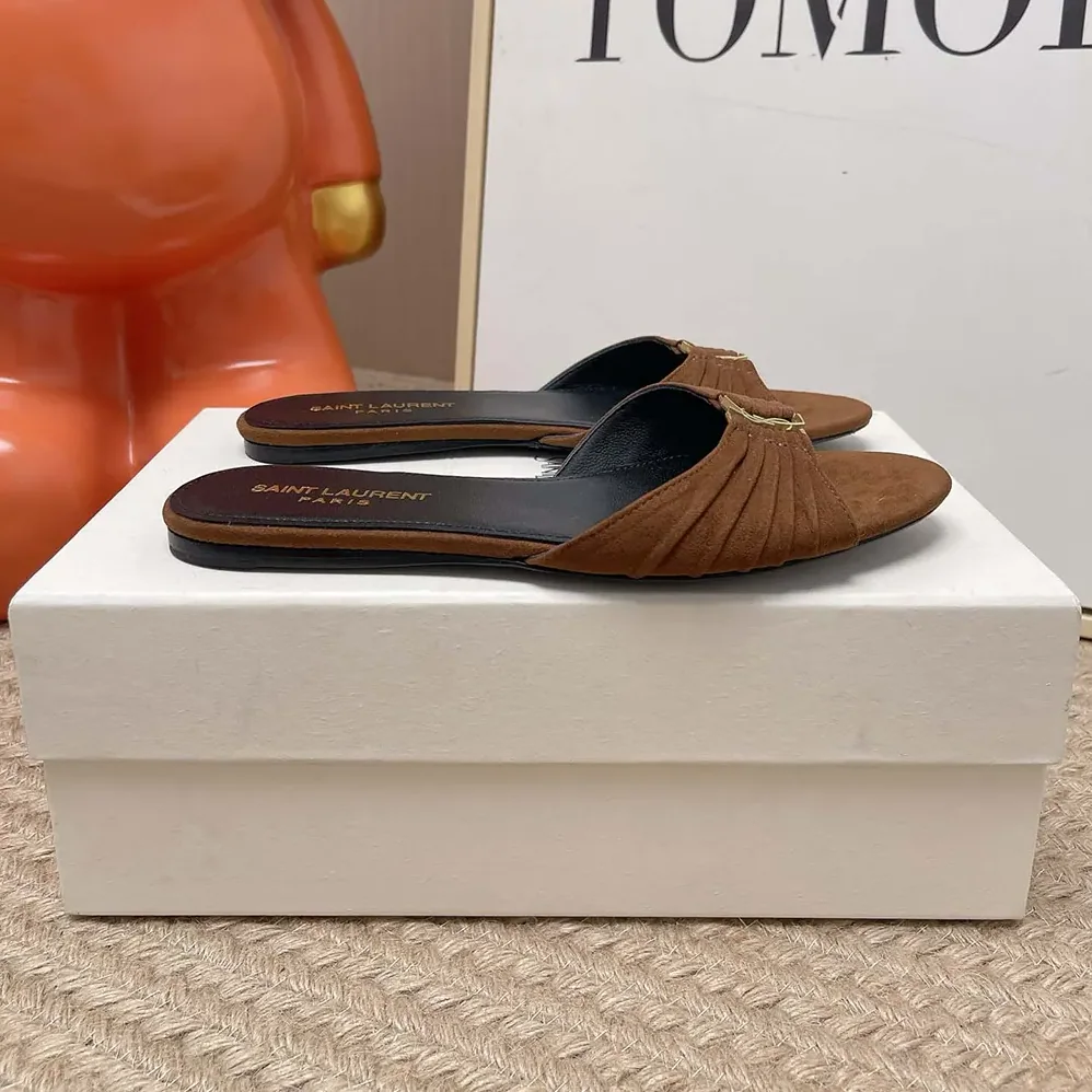 Saint Laurent YSL Babylone Slides In Suede Dark Brown for Women