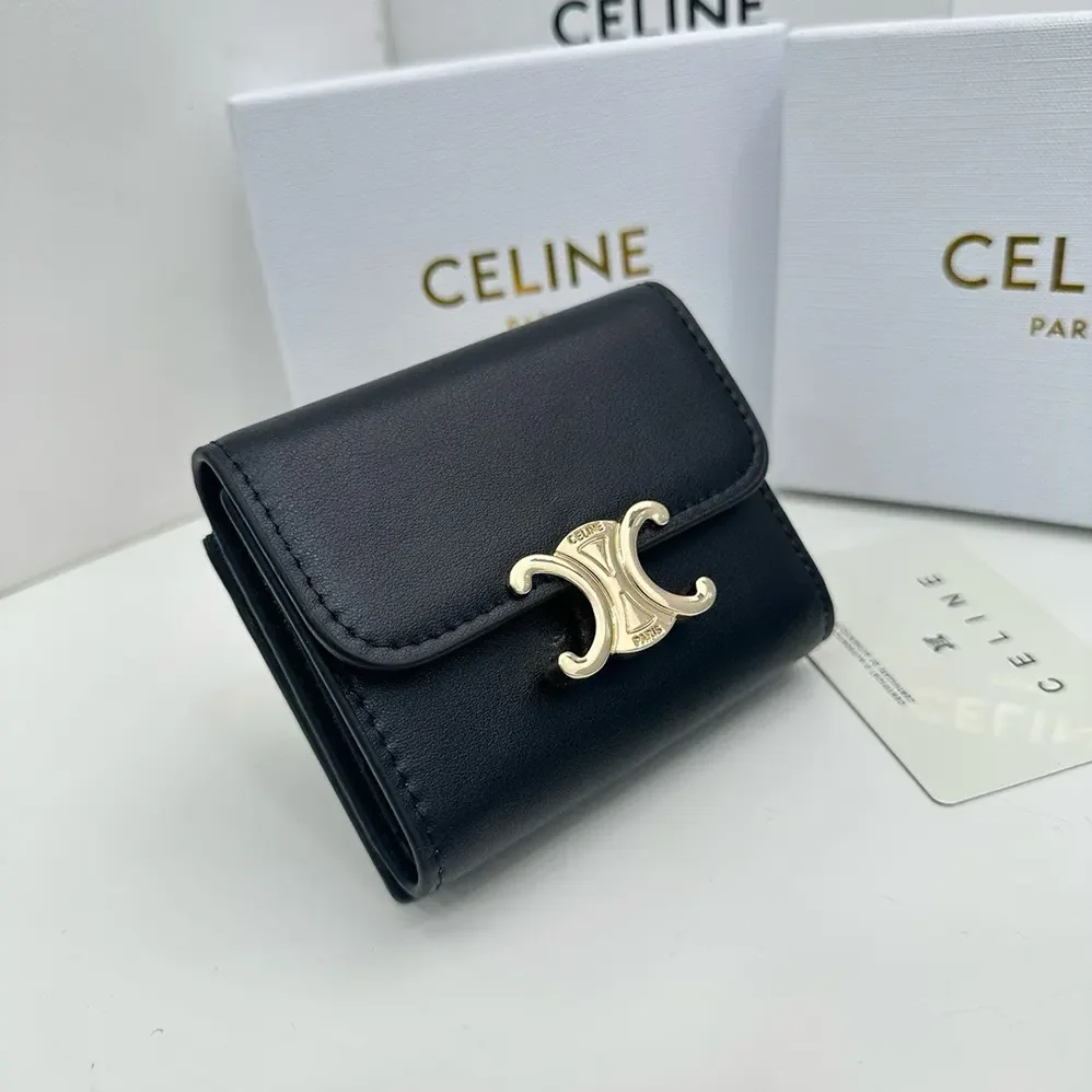 Celine Compact Wallet with Coin Triomphe in Shiny Calfskin for Women Celine Compact Wallet with Coin Triomphe in Shiny Calfskin for Women