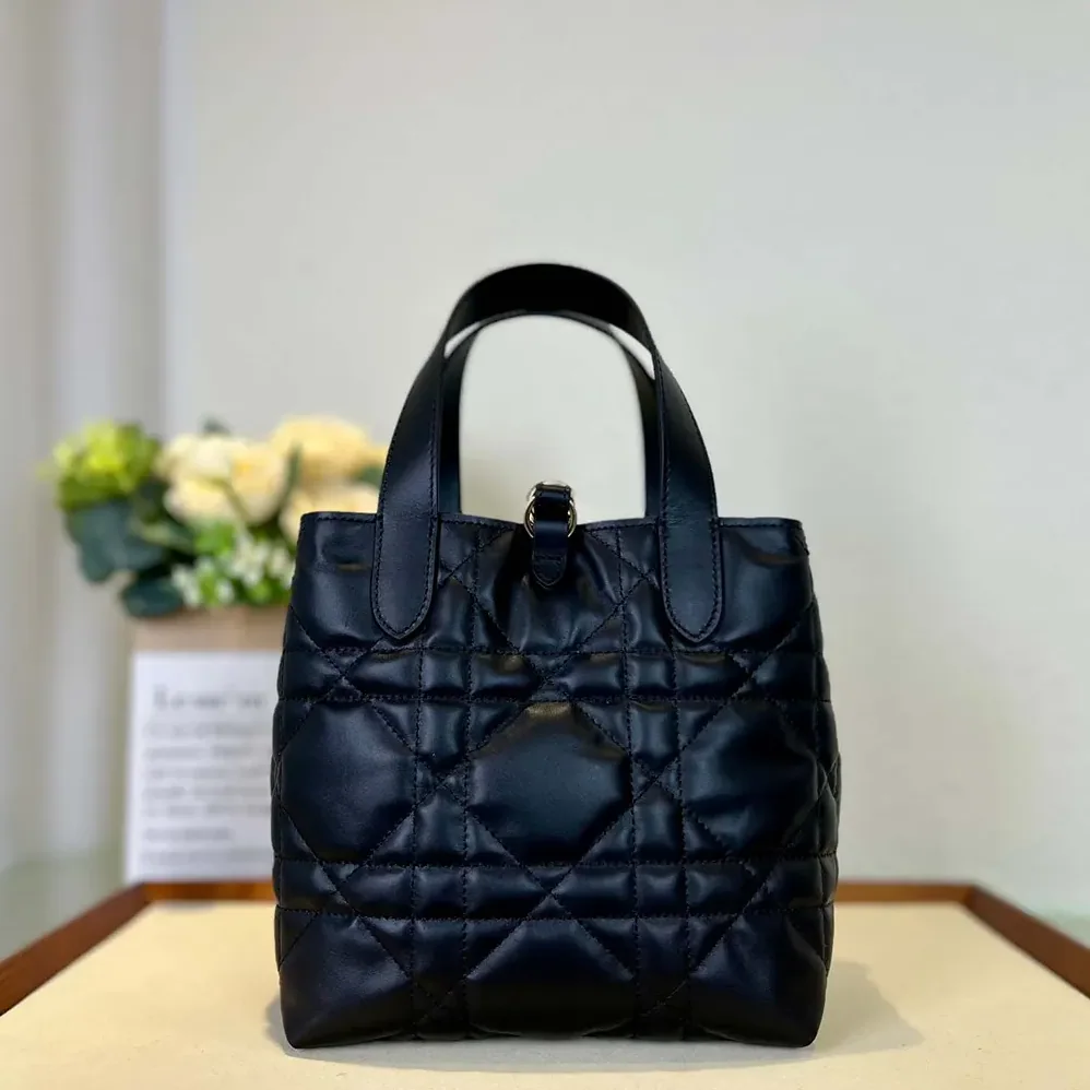 Dior Small Dior Toujours Vertical Tote Bag Black Macrocannage Calfskin for Women