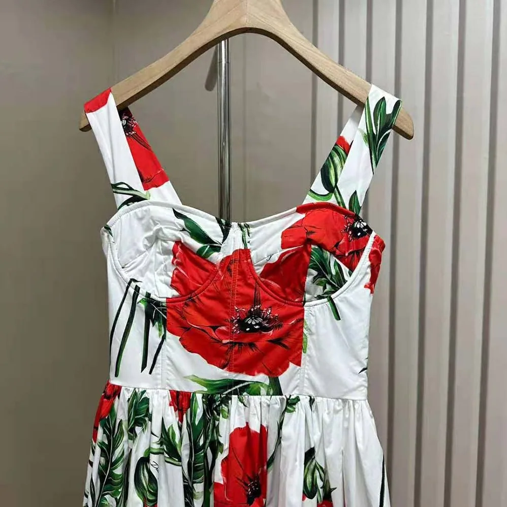 Dolce Gabbana D&G Poppy-Print Poplin Dress with Circle Skirt for Women