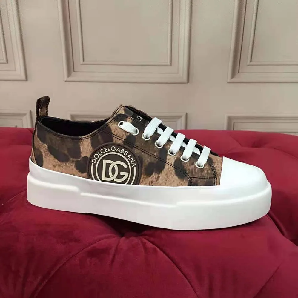 Dolce Gabbana D&G Cotton Drill Portofino Light Sneakers with Leopard Print and DG Logo for Women