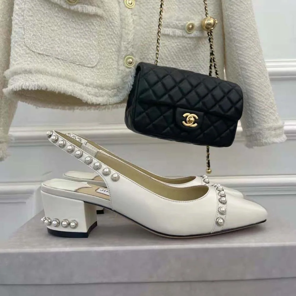 Jimmy Choo Hya 45 Latte Nappa Slingbacks with Pearl Studs for Women