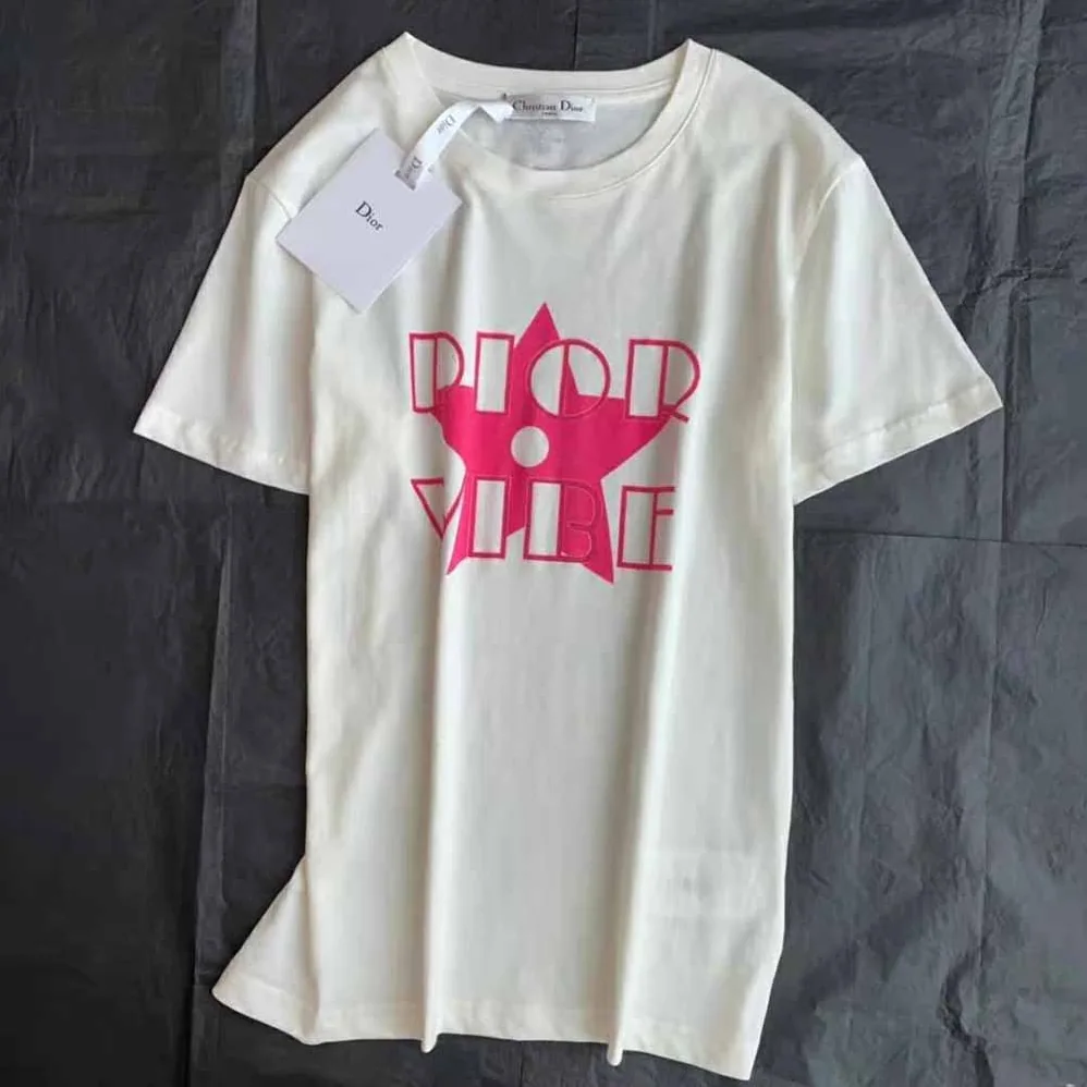 Dior Vibe T-shirt Ecru and Fluorescent Pink Cotton and Linen Jersey for Women