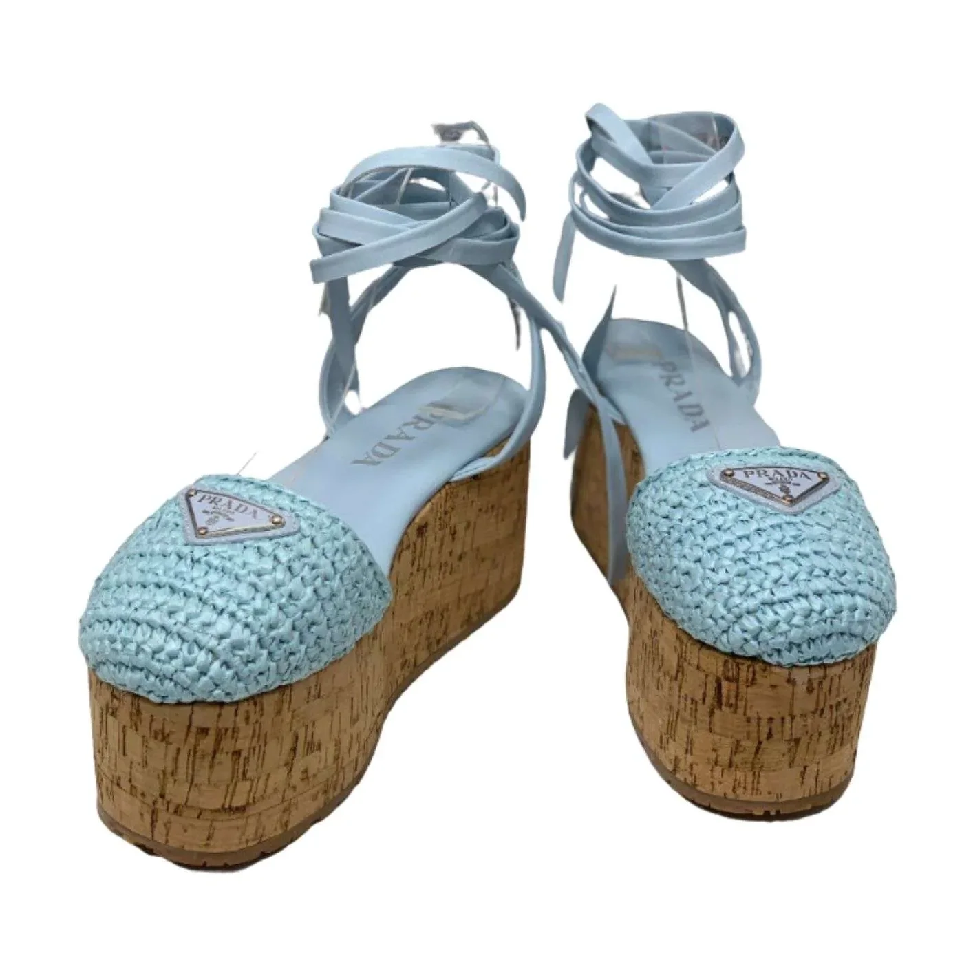 Prada Crochet Wedge Sandals Light Blue Prada Crochet Wedge Sandals Light Blue