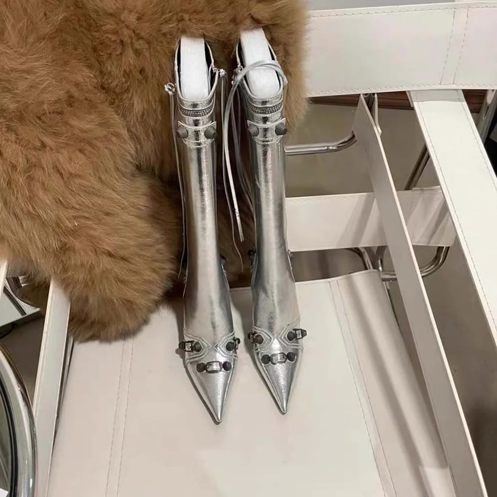 Balenciaga Cagole 90mm Boot in Silver Mmetallized Arena Lambskin for Women Balenciaga Cagole 90mm Boot in Silver Mmetallized Arena Lambskin for Women