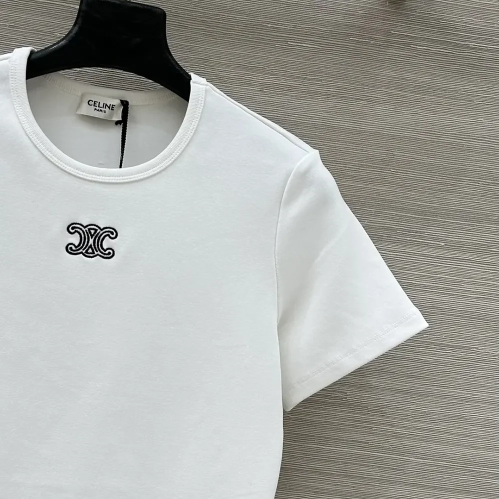 Celine Triomphe T-Shirt In Ribbed Cotton Jersey for Women in White Celine Triomphe T-Shirt In Ribbed Cotton Jersey for Women in White