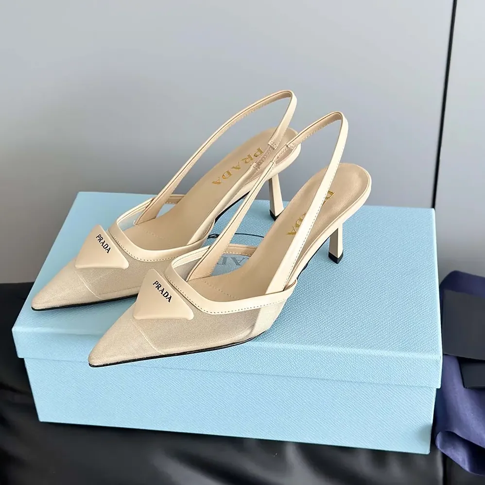Prada Mesh Fabric Slingback Pumps for Women in Beige Prada Mesh Fabric Slingback Pumps for Women in Beige