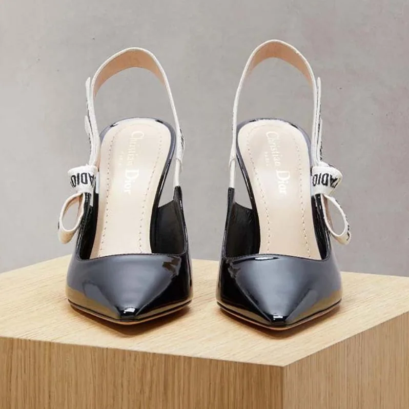 Dior Slingback Black Patent Calfskin Leather J'Adior Ribbon 10cm for Women