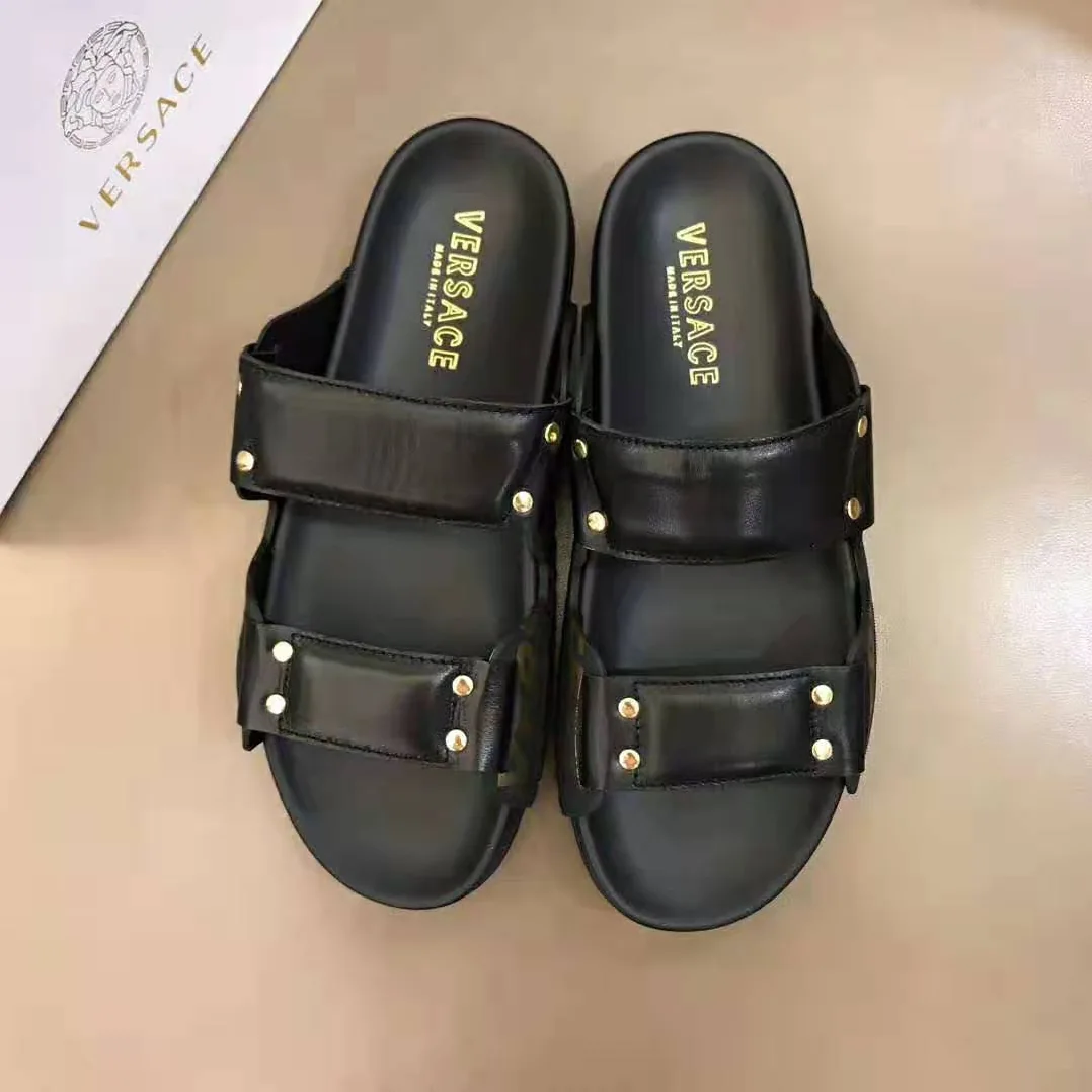 Versace Speed Logo Leather Sandals for Men in Black Versace Speed Logo Leather Sandals for Men in Black