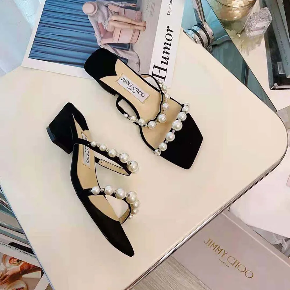 Jimmy Choo Amara 45 Black Suede Mules with Pearl Embellishment for Women Jimmy Choo Amara 45 Black Suede Mules with Pearl Embellishment for Women
