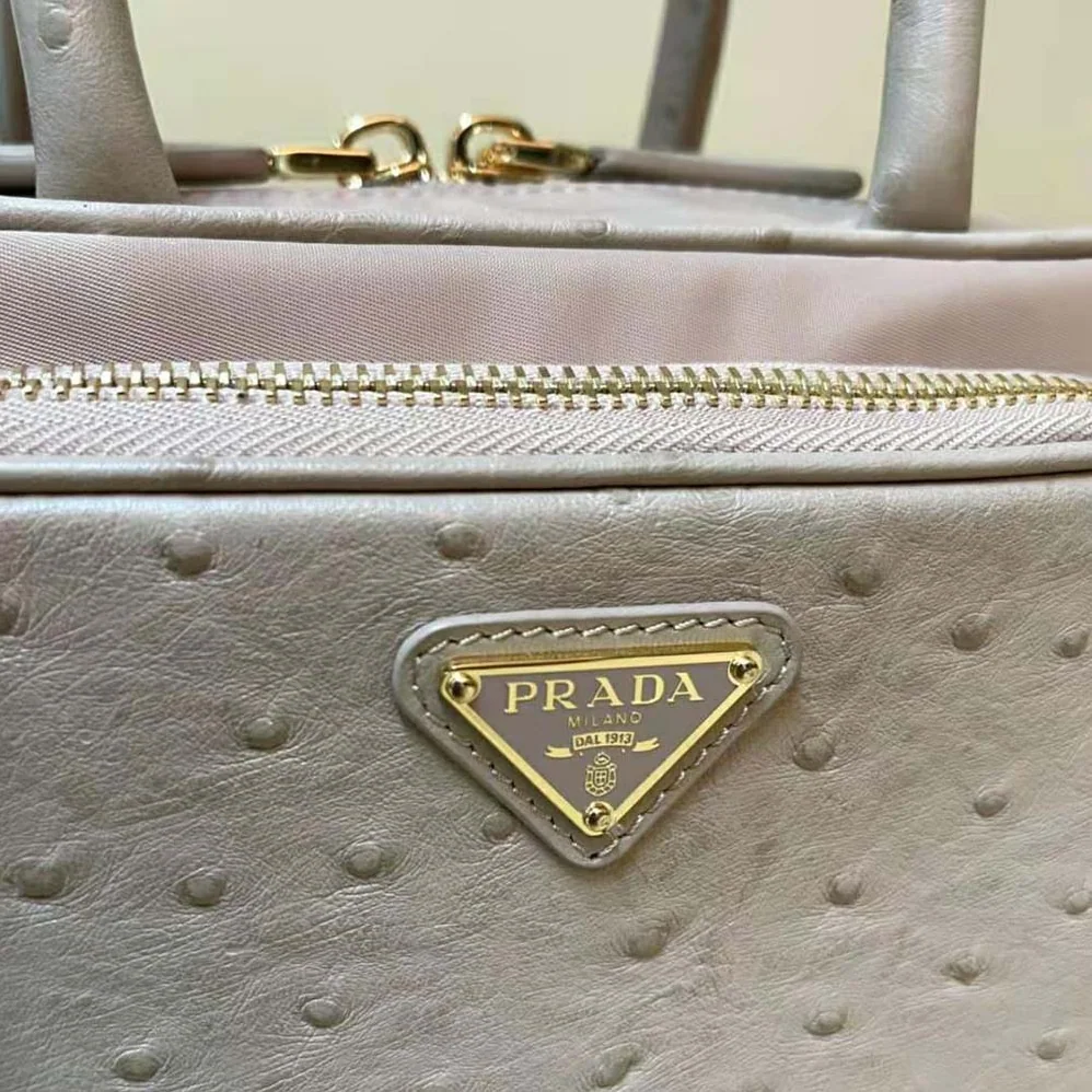 Prada Re-Nylon and Ostrich Leather Two-handle Bag for Women in Pink