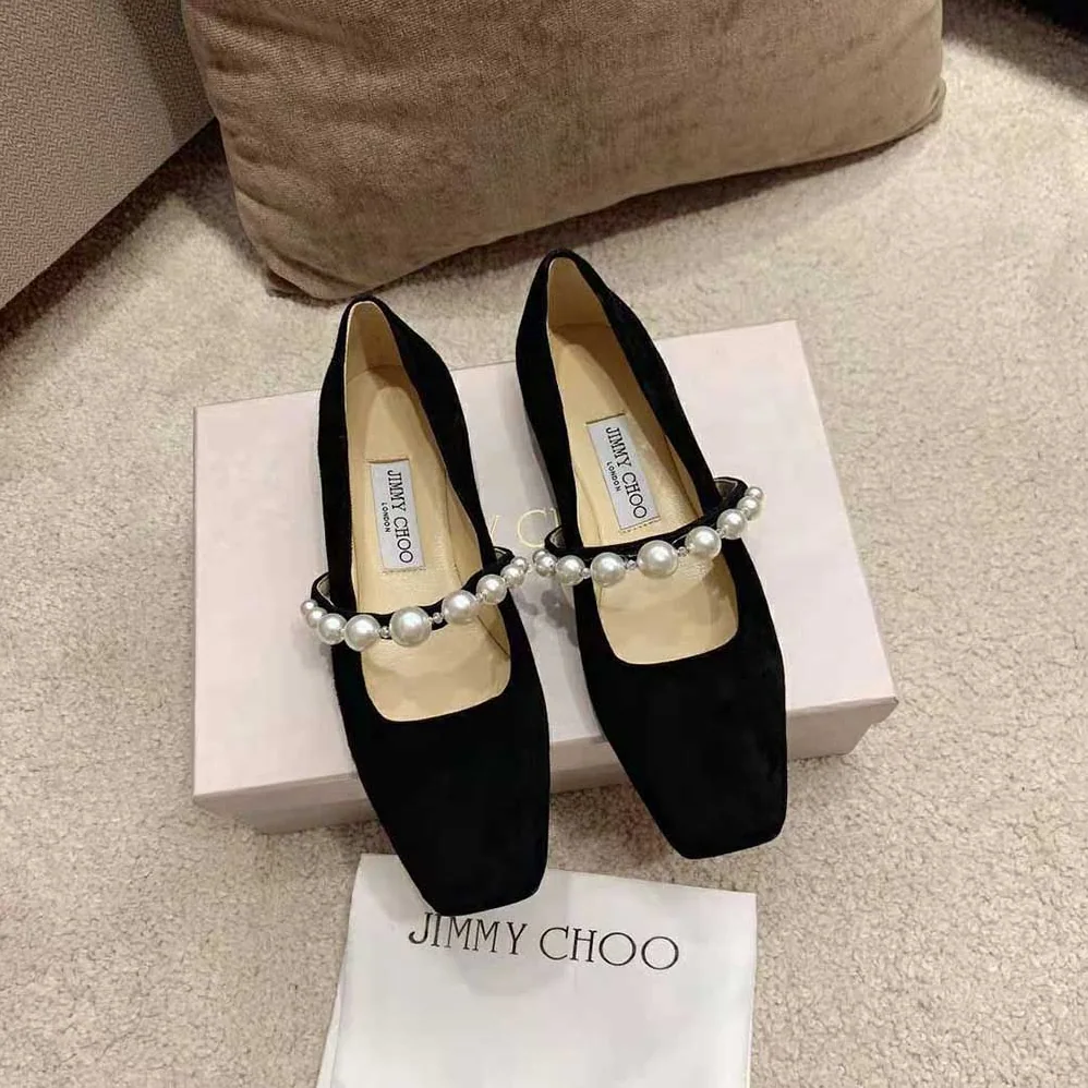 Jimmy Choo ADE Flat Black Suede Flats with Pearl Embellishment for Women Jimmy Choo ADE Flat Black Suede Flats with Pearl Embellishment for Women