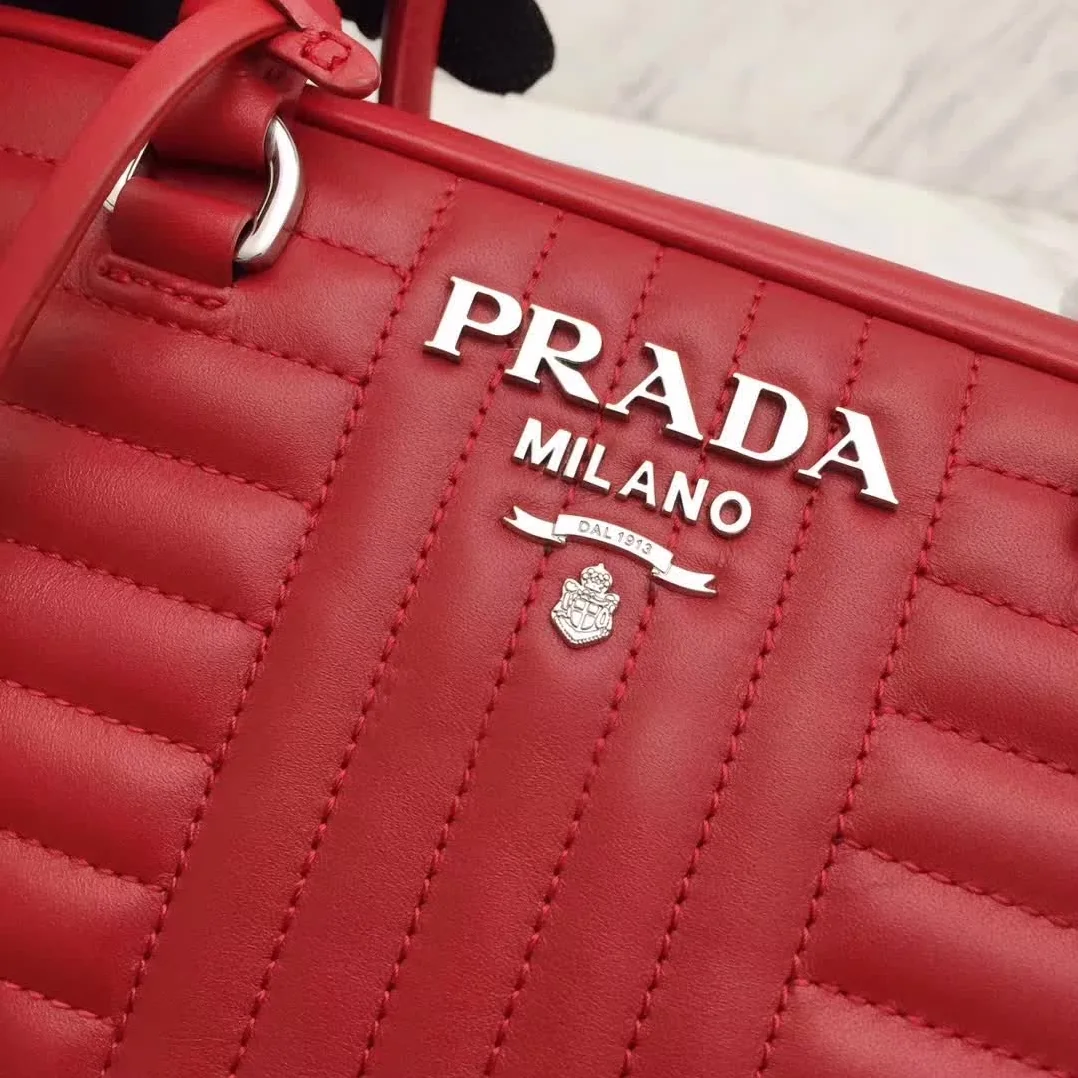 Prada Diagramme Big Leather Handbag with Top Handle in Red