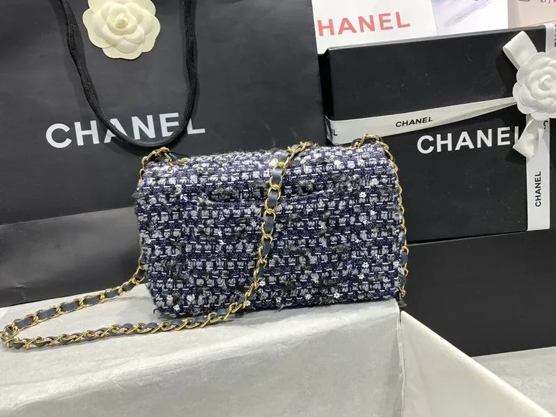 Chanel Tweed Flap Bag Mini Crossbody in Dark Blue Gold Hardware Chanel Tweed Flap Bag Mini Crossbody in Dark Blue Gold Hardware
