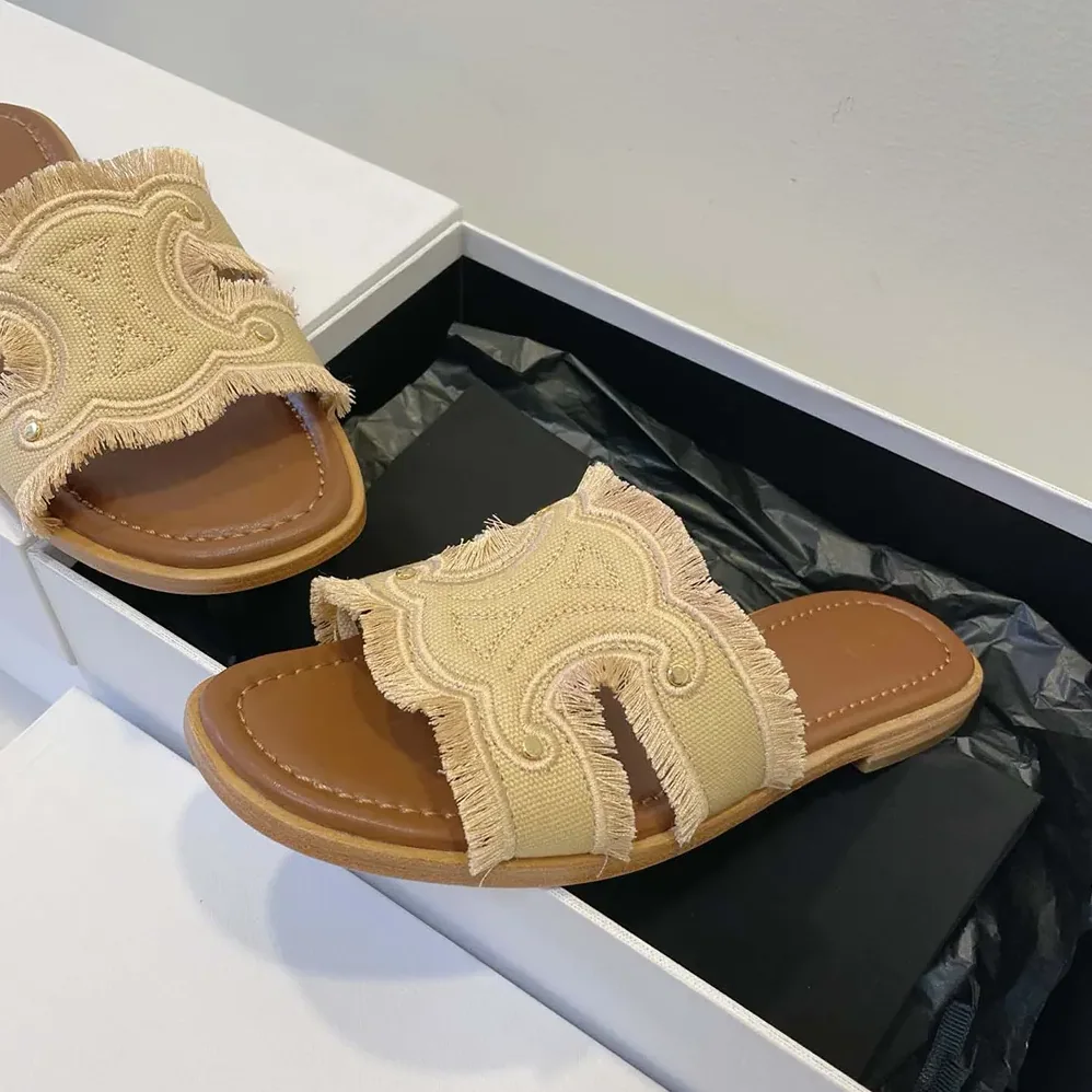 Celine Marina Fringed Mule in Cotton for Women in Beige