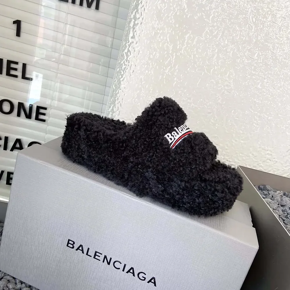Balenciaga Furry Platform Sandal in Black Fake Shearling for Women Balenciaga Furry Platform Sandal in Black Fake Shearling for Women