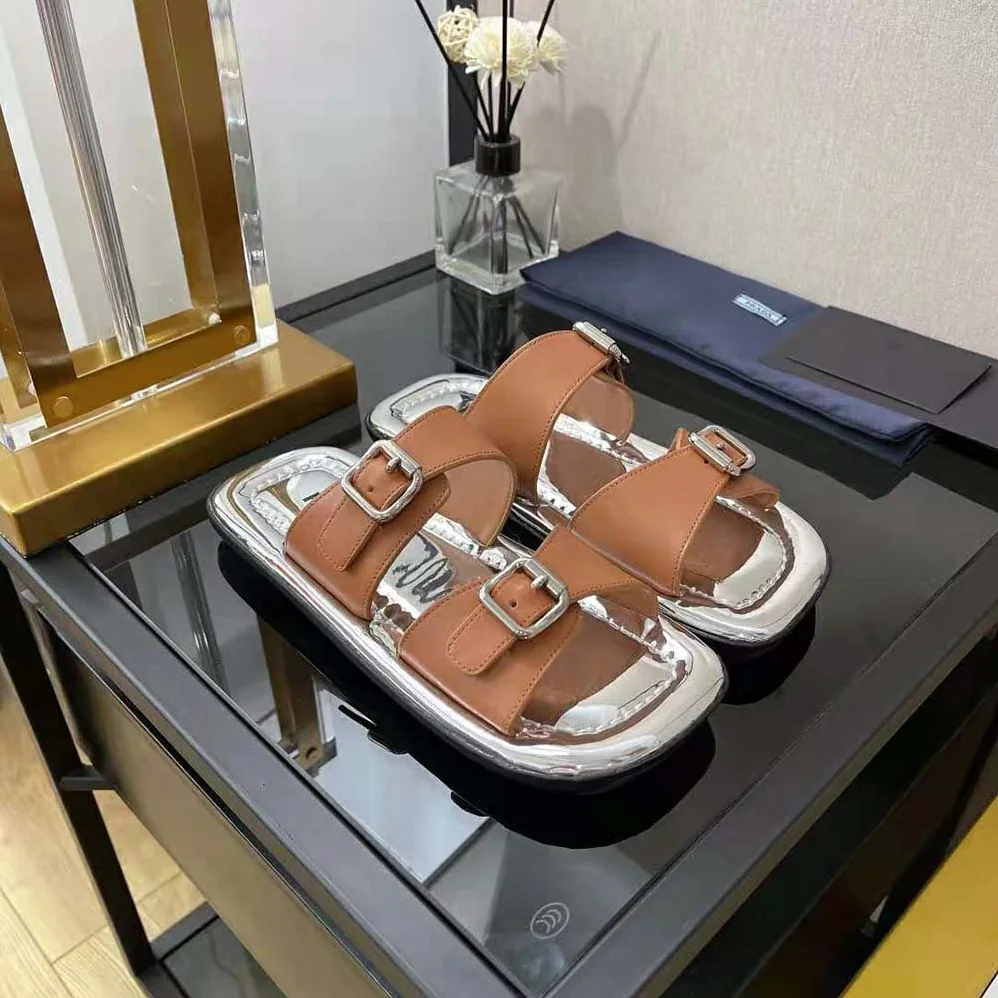 Prada Leather Sandals With Metal Buckle on the Upper for Women in Brown