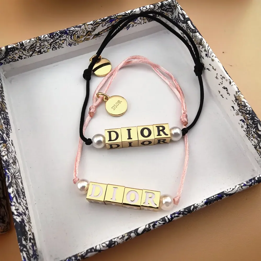 Dior D-Dice Bracelet Pale Pink Cotton and Lacquer with Gold-Finish Metal and White Resin Pearls for Women Dior D-Dice Bracelet Pale Pink Cotton and Lacquer with Gold-Finish Metal and White Resin Pearls for Women