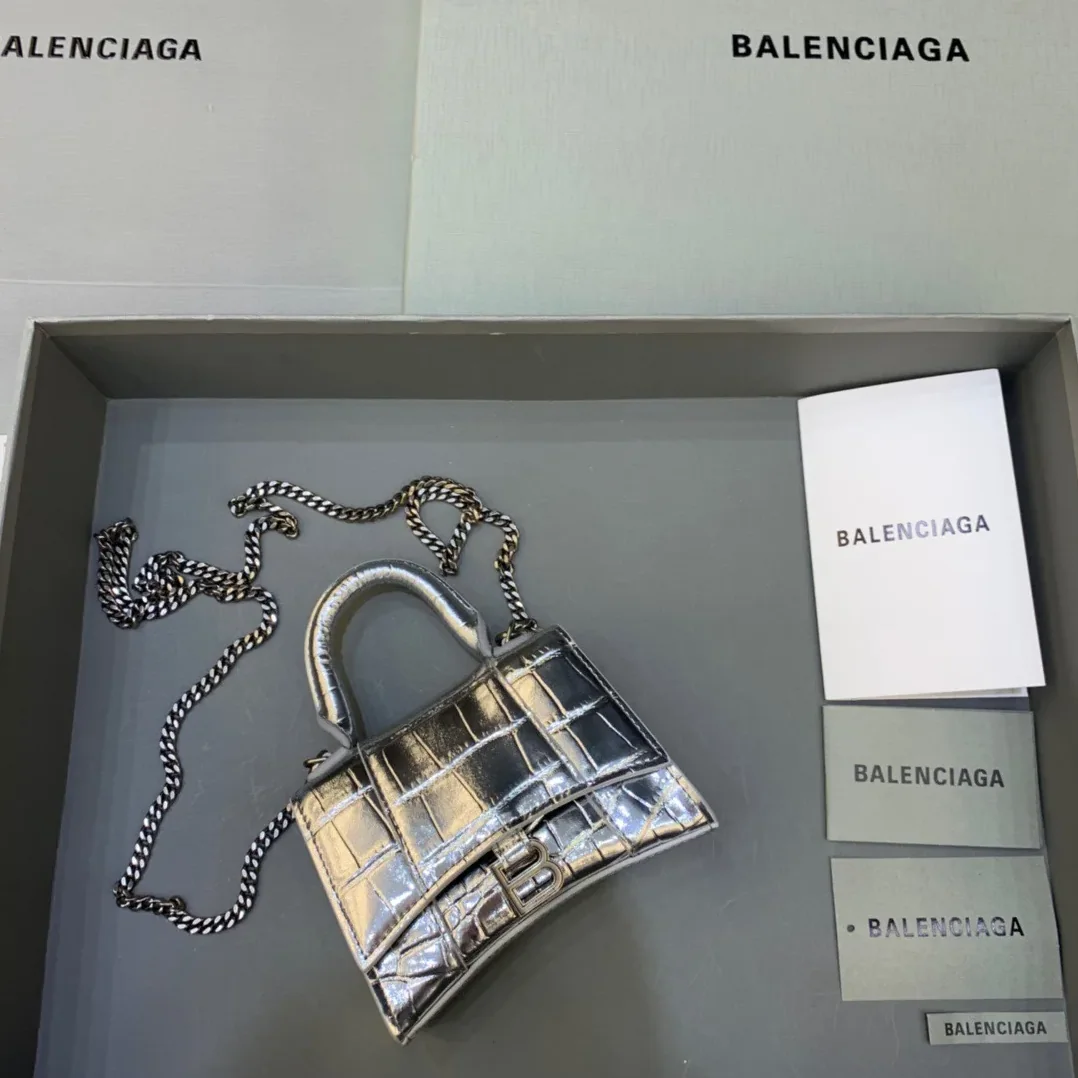 Balenciaga Hourglass Mini Handbag With Chain In Sliver
