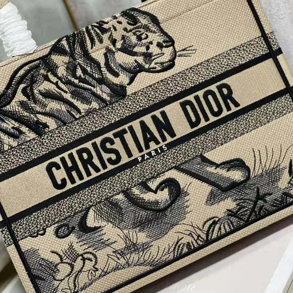 Dior Medium Dior Book Tote Brown and Black Macro Toile de Jouy Tiger Embroidery for Women Dior Medium Dior Book Tote Brown and Black Macro Toile de Jouy Tiger Embroidery for Women