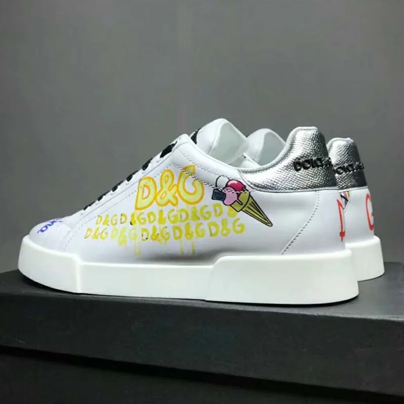 Dolce Gabbana D&G Shoes Portofino Sneakers in Printed Nappa Calfskin for Men in White