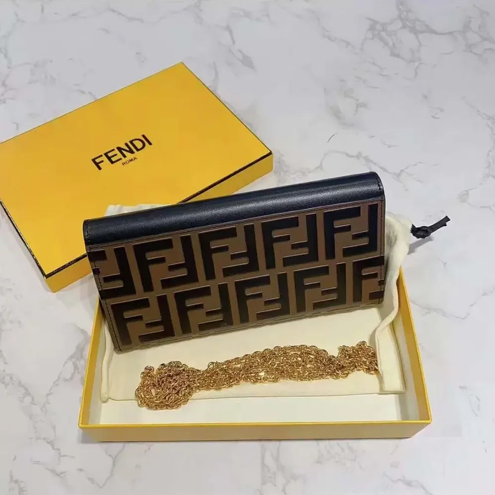 Fendi FF With Chain Brown Leather Wallet for Women