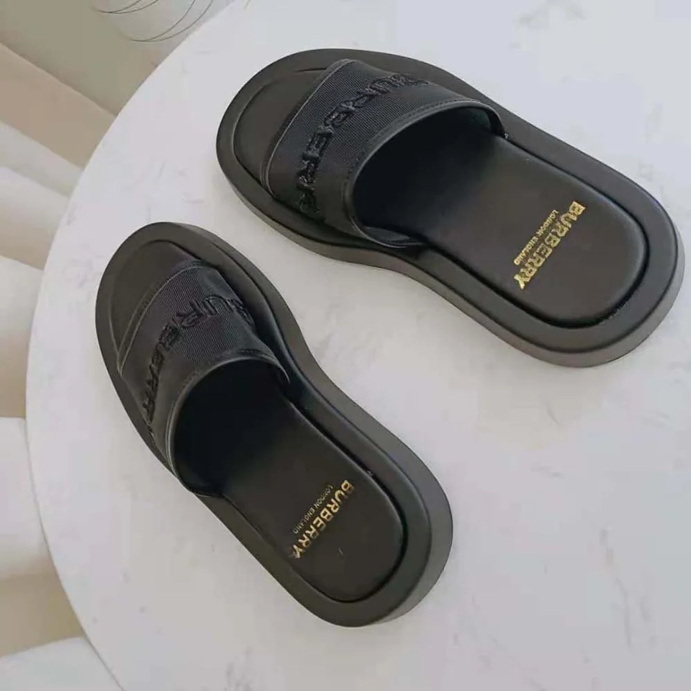 Burberry Embroidered Logo Mesh and Leather Slides for Women Burberry Embroidered Logo Mesh and Leather Slides for Women