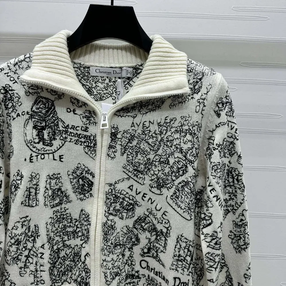 Dior DiorAlps Mock-Neck Cardigan White and Black Wool and Cashmere Knit for Women