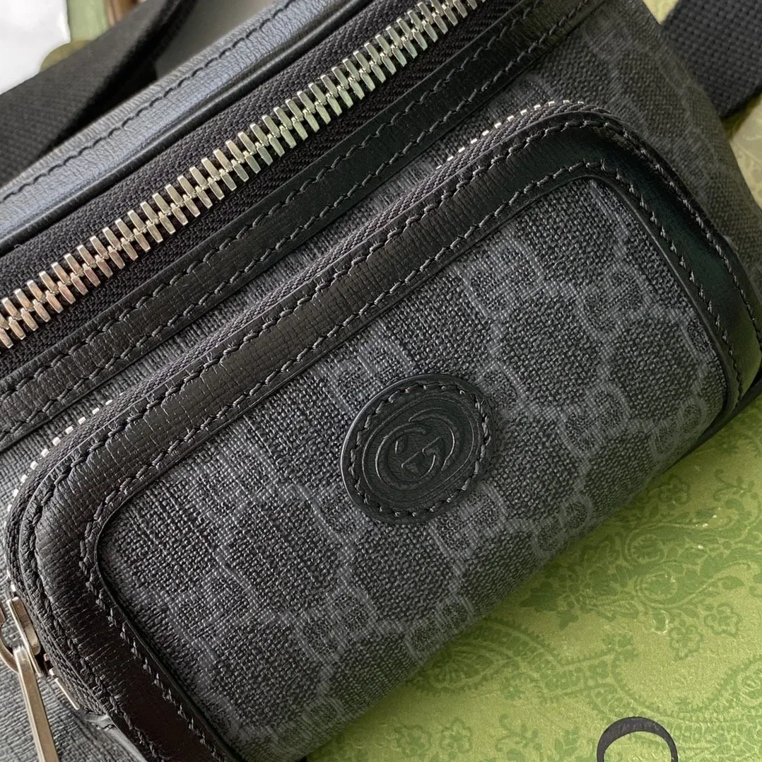 Gucci Belt Bag With Interlocking G Black GG Supreme Canvas / Gucci Belt Bag With Interlocking G Black GG Supreme Canvas /