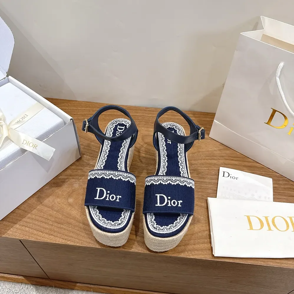Dior Dentelle Wedge Sandal Navy Blue Dior Oblique Embroidered Cotton and White Lace for Women Dior Dentelle Wedge Sandal Navy Blue Dior Oblique Embroidered Cotton and White Lace for Women