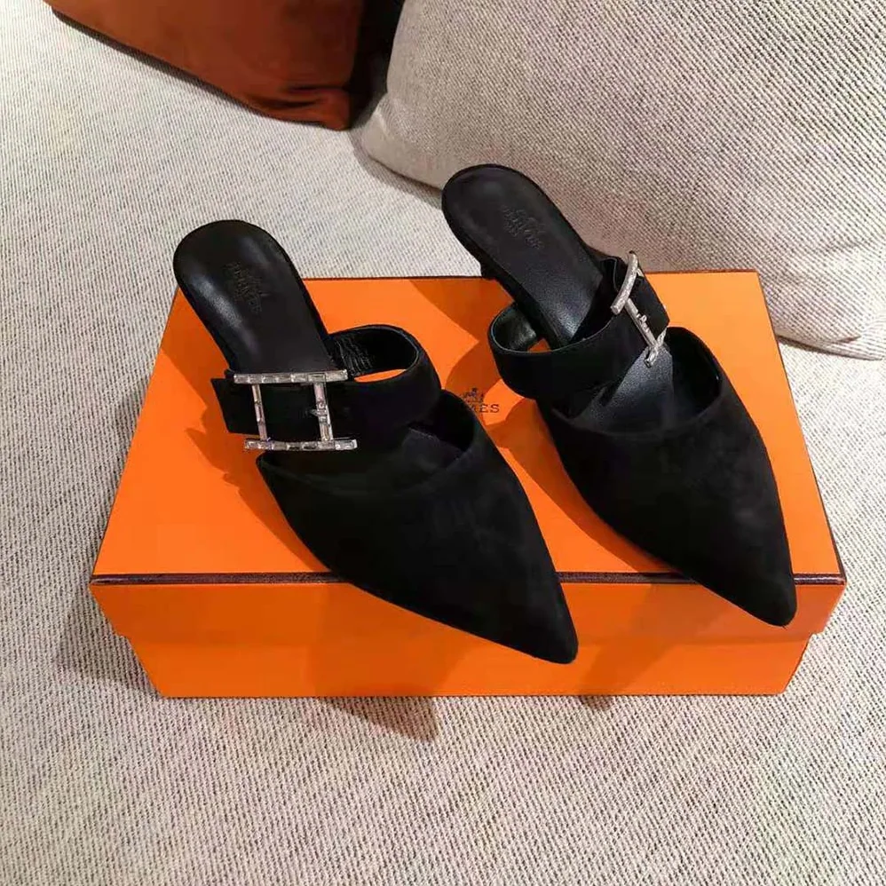 Hermes Blink Mule Mule in Suede Goatskin for Women in Black