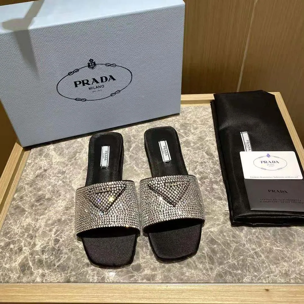 Prada Satin Slides with Crystals for Women in Black Prada Satin Slides with Crystals for Women in Black