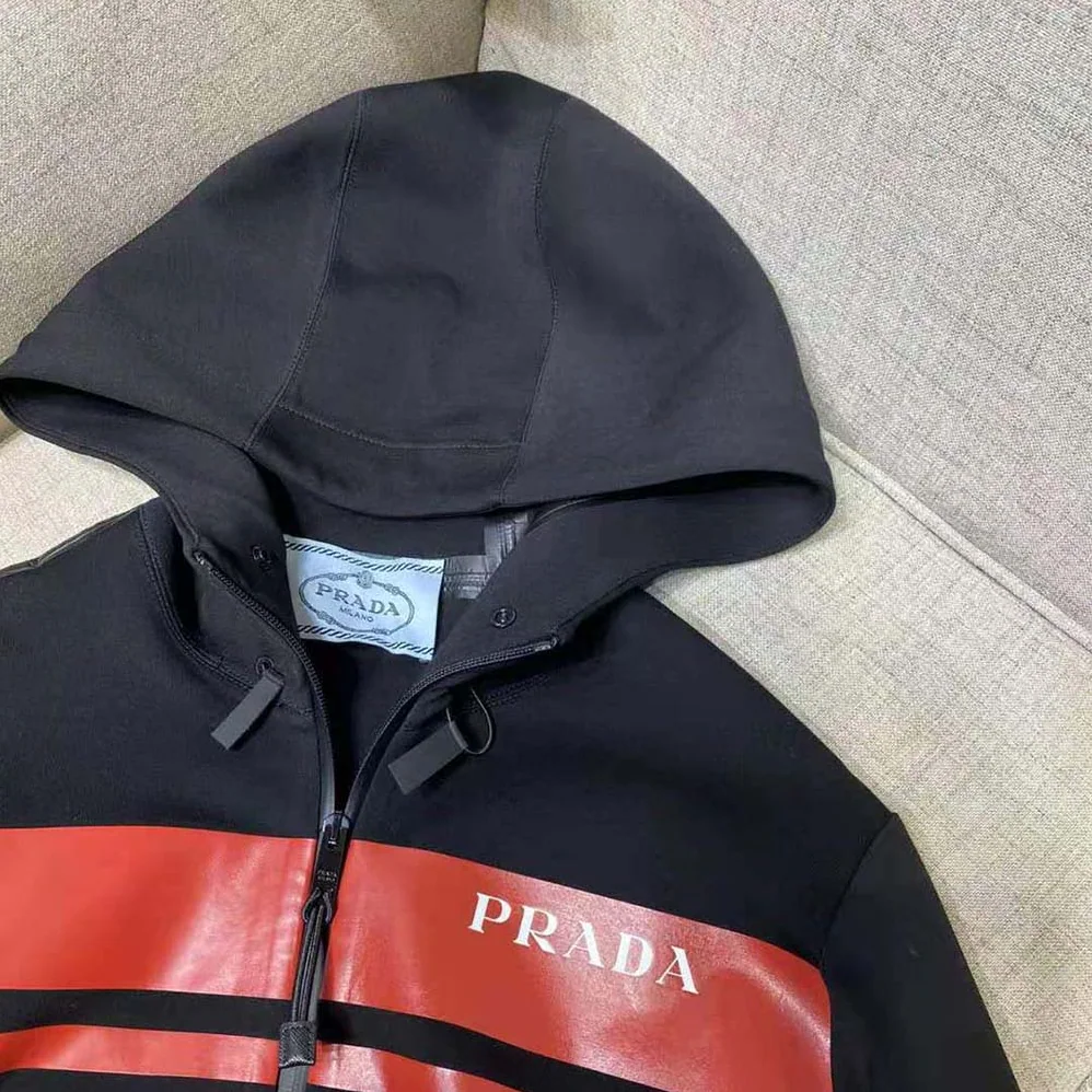 Prada Printed Technical Fabric Jacket for Men in Black Prada Printed Technical Fabric Jacket for Men in Black