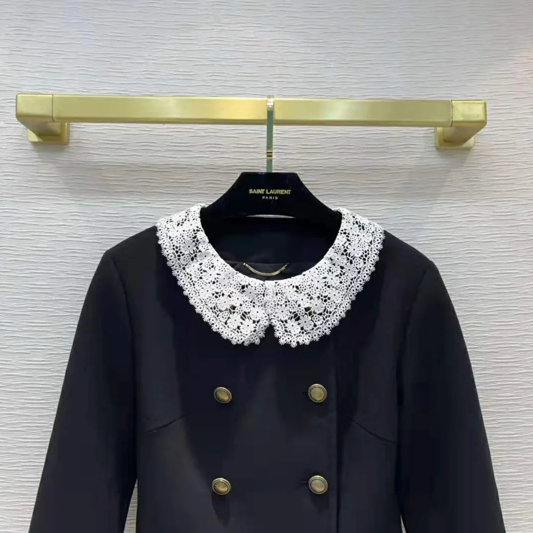 Saint Laurent YSL Short Jacket in Wool Twill with Floral Lace Embroidery for Women Saint Laurent YSL Short Jacket in Wool Twill with Floral Lace Embroidery for Women