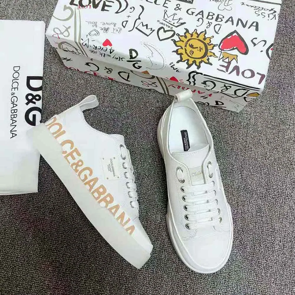 Dolce Gabbana D&G Calfskin Portofino Light Sneakers with Logo-Detailed Plate and Logo Print for Women in White Dolce Gabbana D&G Calfskin Portofino Light Sneakers with Logo-Detailed Plate and Logo Print for Women in White