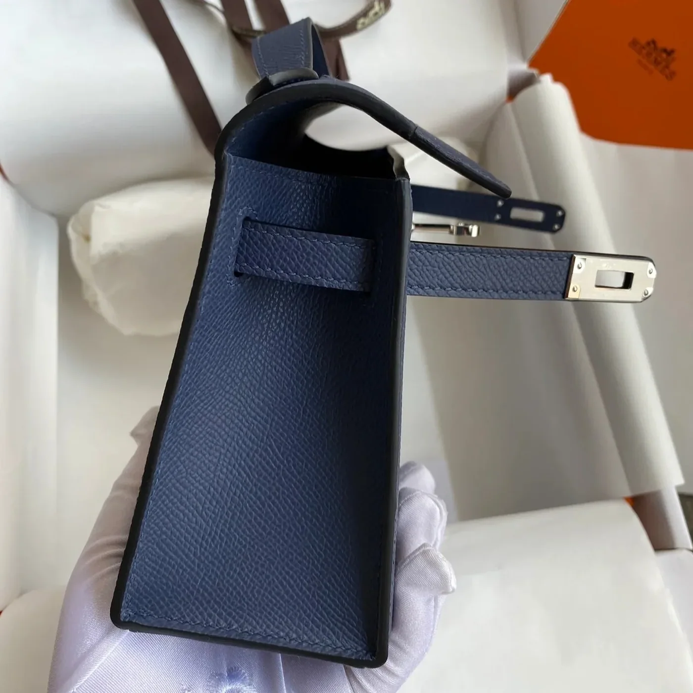Hermes Kelly Pochette Top Handle Bag in Navy Epsom Palladium Hardware