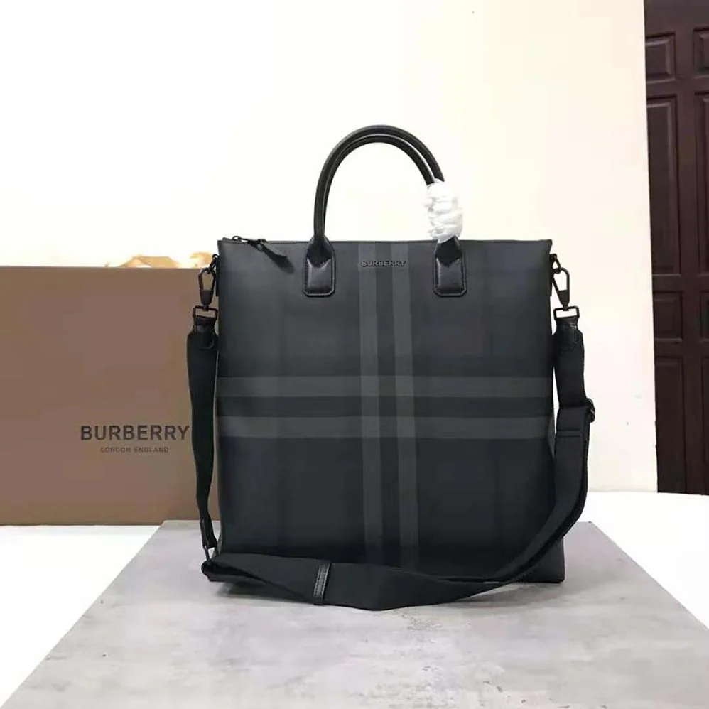 Burberry Charcoal Check and Leather Tote for Men in Black