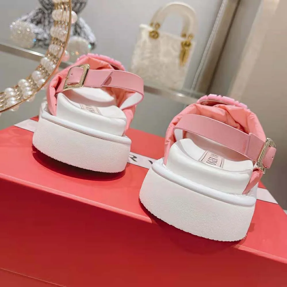 Roger Vivier Viv Winter Puffy Strass Buckle Sandals in Satin for Women in Pink