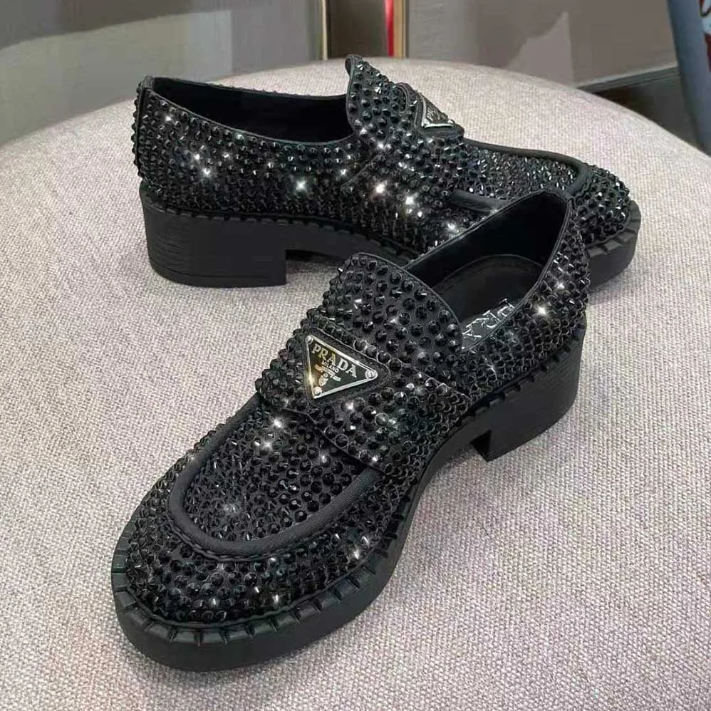 Prada Chocolate Satin Loafers with Crystals for Women in Black Prada Chocolate Satin Loafers with Crystals for Women in Black