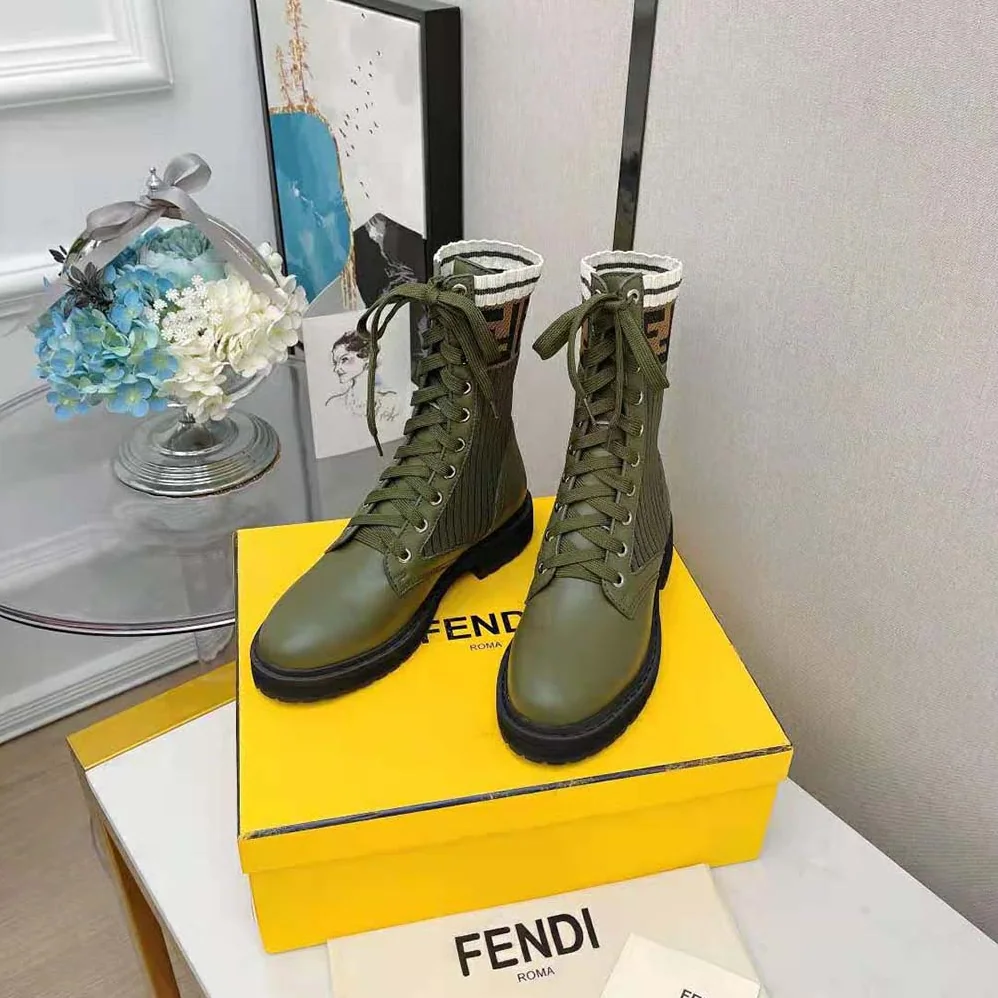 Fendi Rockoko Green Leather Biker Boots with Sstretch Fabric for Women